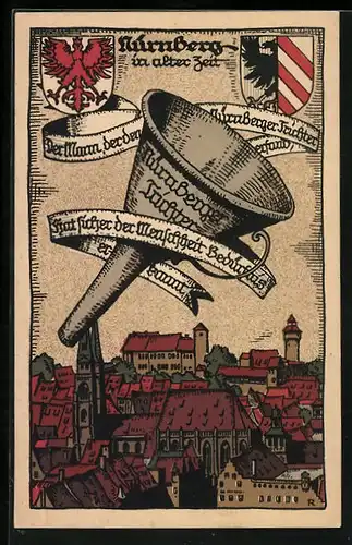 Steindruck-AK Nürnberg, Stadtansicht mit Nürnberger Trichter