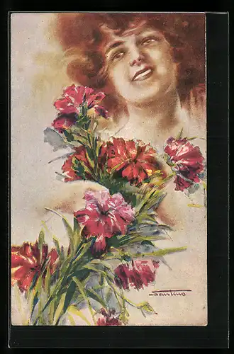Künstler-AK M. Santino: Dame mit Blumenstrauss