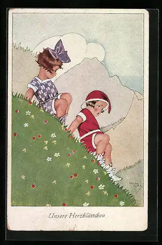 Künstler-AK Chicky Spark: Kinder rutschen einen Abhang hinunter