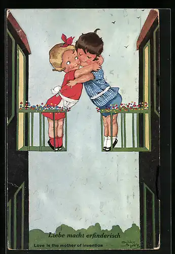 Künstler-AK Chicky Spark: Liebe macht erfinderisch, Pärchen umarmt sich über den Balkon