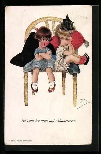 Künstler-AK Chicky Spark: Ich schwöre nicht auf Männertreue, Zwei Mädchen unterhalten sich