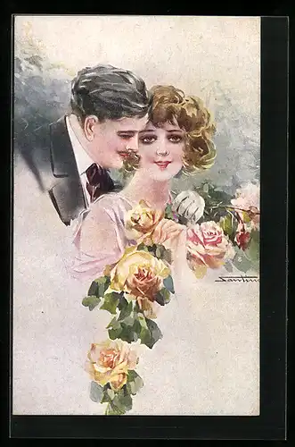 Künstler-AK M. Santino: junges Paar liegt sich verliebt in den Armen