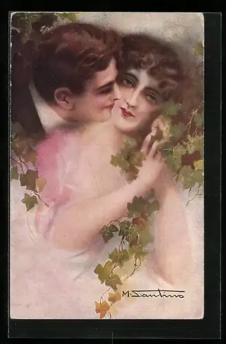 Künstler-AK M. Santino: Sich küssendes Liebespaar mit Efeuranken