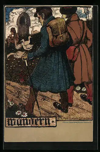 Künstler-AK Ferdinand Spiegel: Wanderer und ein Gänsejunge am Weg
