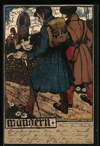 Künstler-AK Ferdinand Spiegel: Wandern - Wanderer und flötenspielender Gänsehirt