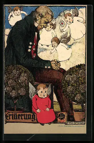 Künstler-AK Ferdinand Spiegel: Erinnerung - Alter Mann mit Engeln