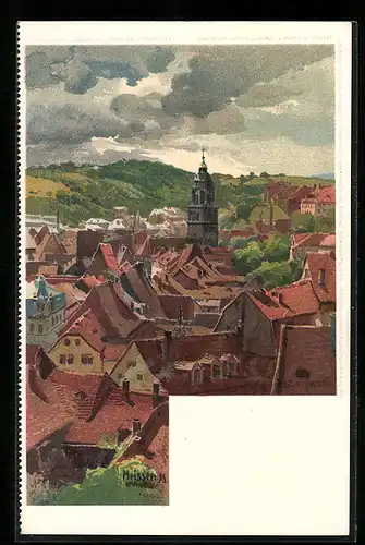 Lithographie Meissen, Ortsansicht aus der Vogelschau