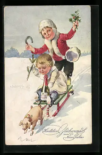 Künstler-AK E.Reckziegel: Zwei Kinder auf einem Schlitten mit Sektflasche lassen sich von einem Schweinchen ziehen