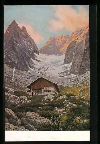 Künstler-AK Rudolf Reschreiter: Ansicht einer Berghütte