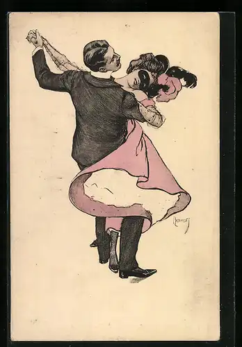 Künstler-AK Ferdinand von Reznicek: Simplicissimus, Mann tanzt mit einer maskierten Frau