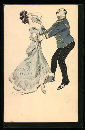 Künstler-AK Simplicissimus, sign. Ferdinand von Reznicek: Offizier in Husarenuniform tanzt mit einer Dame
