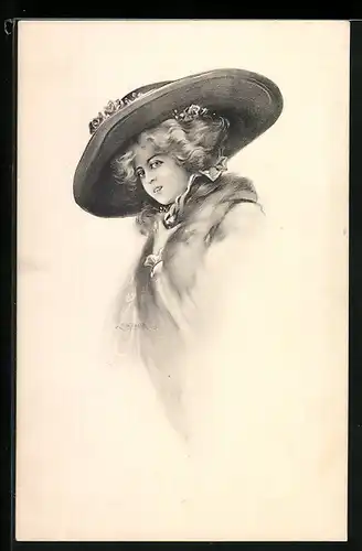 AK Blondes Fräulein mit grossem Hut und Rosenblüten
