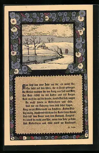 Steindruck-AK Gedicht von M. Feesche, winterliches Motiv