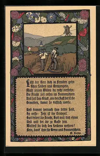 Steindruck-AK Bauern mit Sense dazu ein Spruch von M. Feesche
