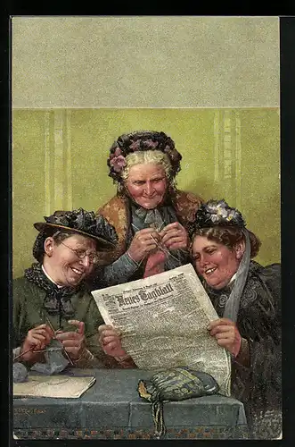 AK Alte Frauen lesen beim Stricken gerne Zeitung