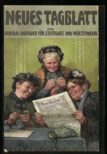 Künstler-AK Fritz Reiss: Drei ältere Frauen lesen die Zeitung Neues Tageblatt