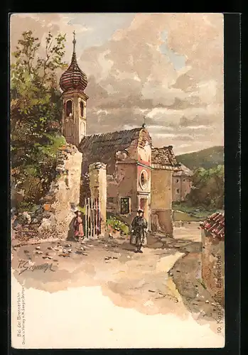 Künstler-AK P. Schmohl: Elsackthal, Anwohner vor der Kapelle