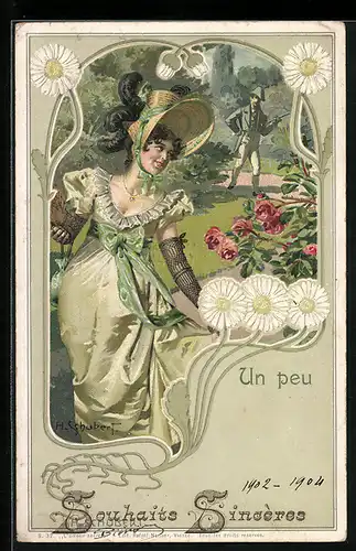 Künstler-AK H. Schubert: Ein wenig, Kavalier folgt einer Dame in den Park