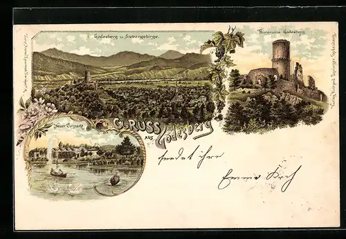 Lithographie Godesberg, Burgruine Godesberg, Neuer Curpark