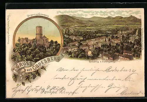 Lithographie Godesberg, Burgruine Godesberg, Godesberg und Siebengebirge