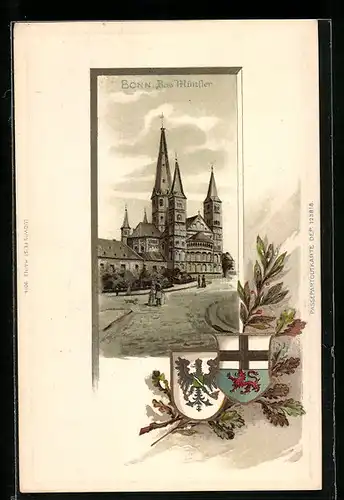 Passepartout-Lithographie Bonn, Strassenpartie mit Münster, Wappen