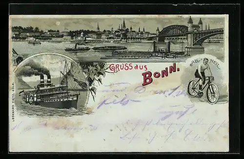 Lithographie Bonn, Ortsansicht, Dampfer, Radfahrer