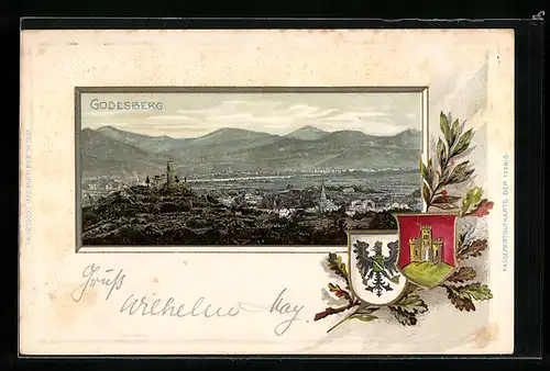 Passepartout-Lithographie Godesberg, Teilansicht mit Wappen