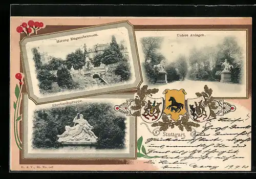 Passepartout-Lithographie Stuttgart, Herzog Eugensbrunnen, Untere Anlagen, Eberhardsgruppe, Wappen
