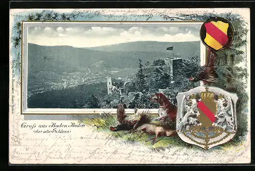 Passepartout-Lithographie Baden Baden, Das alte Schloss, Wappen