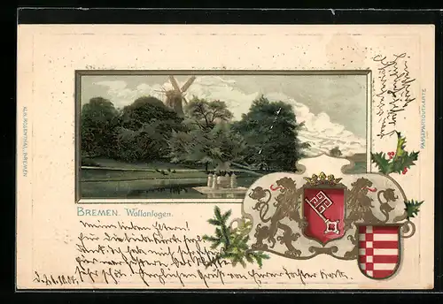 Passepartout-Lithographie Bremen, Wallanlagen mit Mühle, Wappen