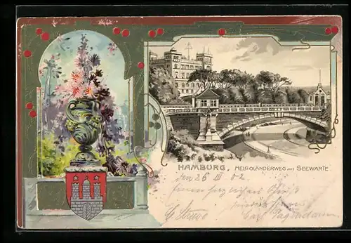 Passepartout-Lithographie Hamburg-St.Pauli, Helgoländerweg mit Seewarte, Wappen