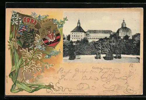 Passepartout-Lithographie Gotha, Schloss mit Anlage, Wappen