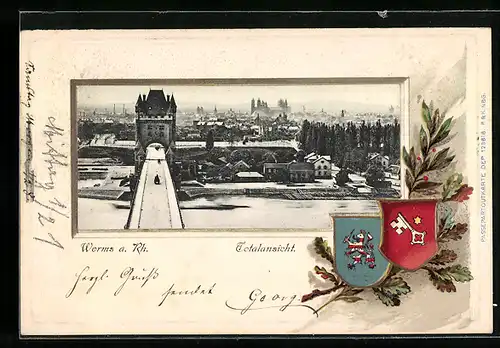 Passepartout-Lithographie Worms a. Rh., Totalansicht der verschneiten Stadt, Wappen