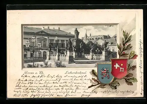 Passepartout-Lithographie Worms a. Rh., Lutherdenkmal, Wappen