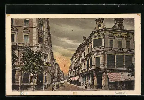 AK Bonn, Abendstimmung in der Poststrasse, Strassenbahn