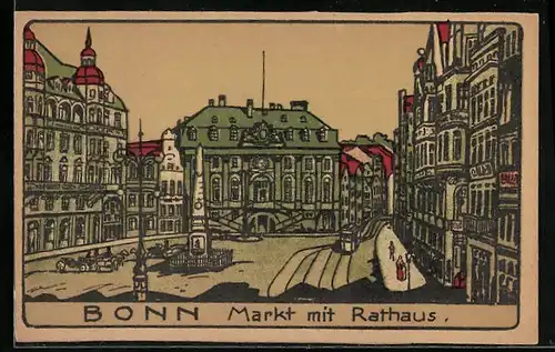 Steindruck-AK Bonn, Markt mit Rathaus