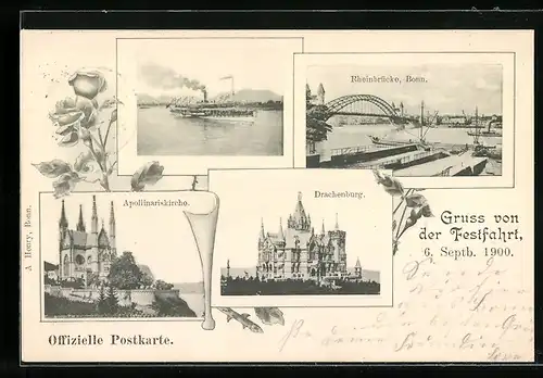 AK Bonn, 47. General-Versammlung der Katholiken Deutschlands zu Bonn 1900, Apollinariskirche, Drachenburg, Rheinbrücke