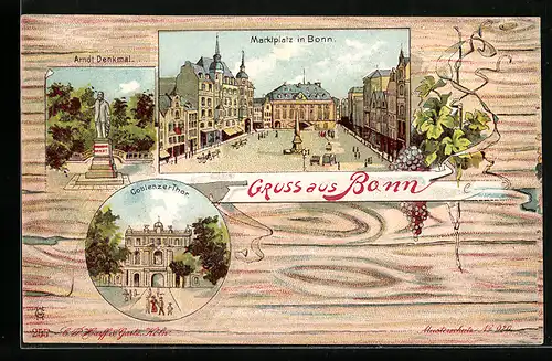 Lithographie Bonn, Marktplatz mit Rathaus, Arndt Denkmal, Coblenzer Tor