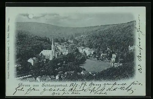 Mondschein-AK Schlangenbad, Ortsansicht aus der Vogelschau