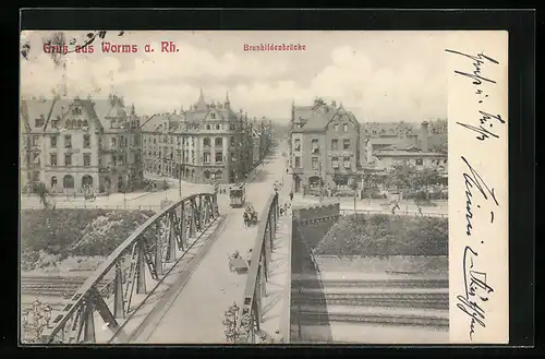 AK Worms a. Rh., Brunhildenbrücke mit Strassenbahn