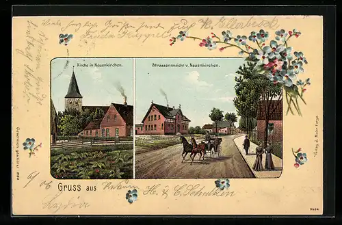 Lithographie Neuenkirchen, Kirche, Strassenansicht