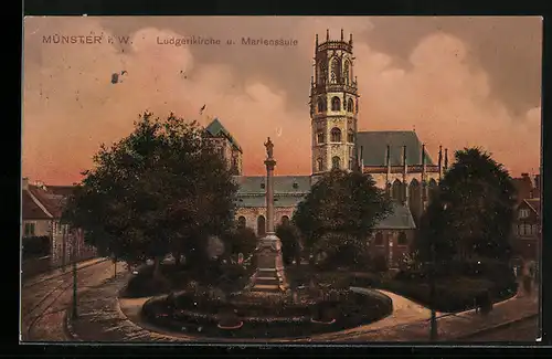 AK Münster i. W., Ludgerikirche u. Mariensäule