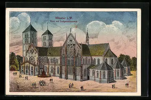 Künstler-AK Münster i. W., Dom mit Ludgerusdenkmal