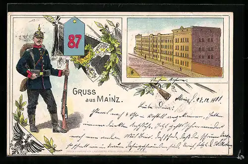 Lithographie Mainz, Soldat des 87. Regiment, Kaserne
