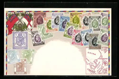 AK Hongkong, Briefmarken und Fahnen Hongkongs, Landkarte