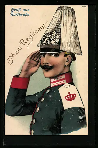 AK Karlsruhe, Mein Regiment, Gardesoldat mit Pickelhaube und Schulterklappe, blaue Uniform