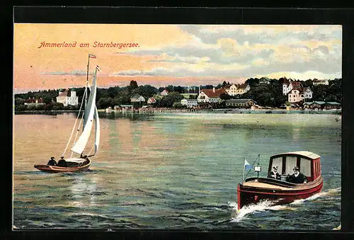 AK Ammerland a. Starnbergersee, Ortsansicht, Motorboot, Segelboot
