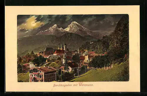 Künstler-AK Berchtesgaden, Ortsansicht mit Watzmann