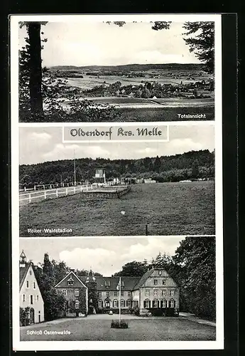 AK Oldendorf /Krs. Melle, Reiter-Waldstadion, Schloss Ostenwalde, Ortsansicht