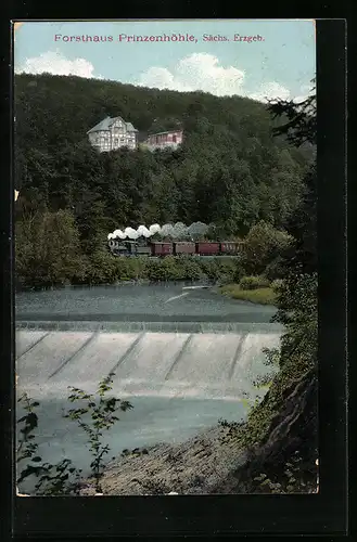 AK Hartenstein, Forsthaus Prinzenhöhle mit Wehr und Eisenbahn